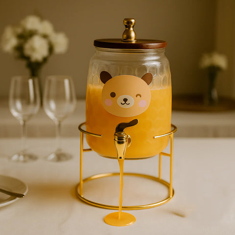 3.2L Bear-Shaped Glass Drink Dispenser with Golden Stand