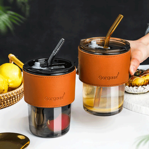 400ML Creative Amber Straw Glass Large-Capacity Coffee Cup Water Bottle