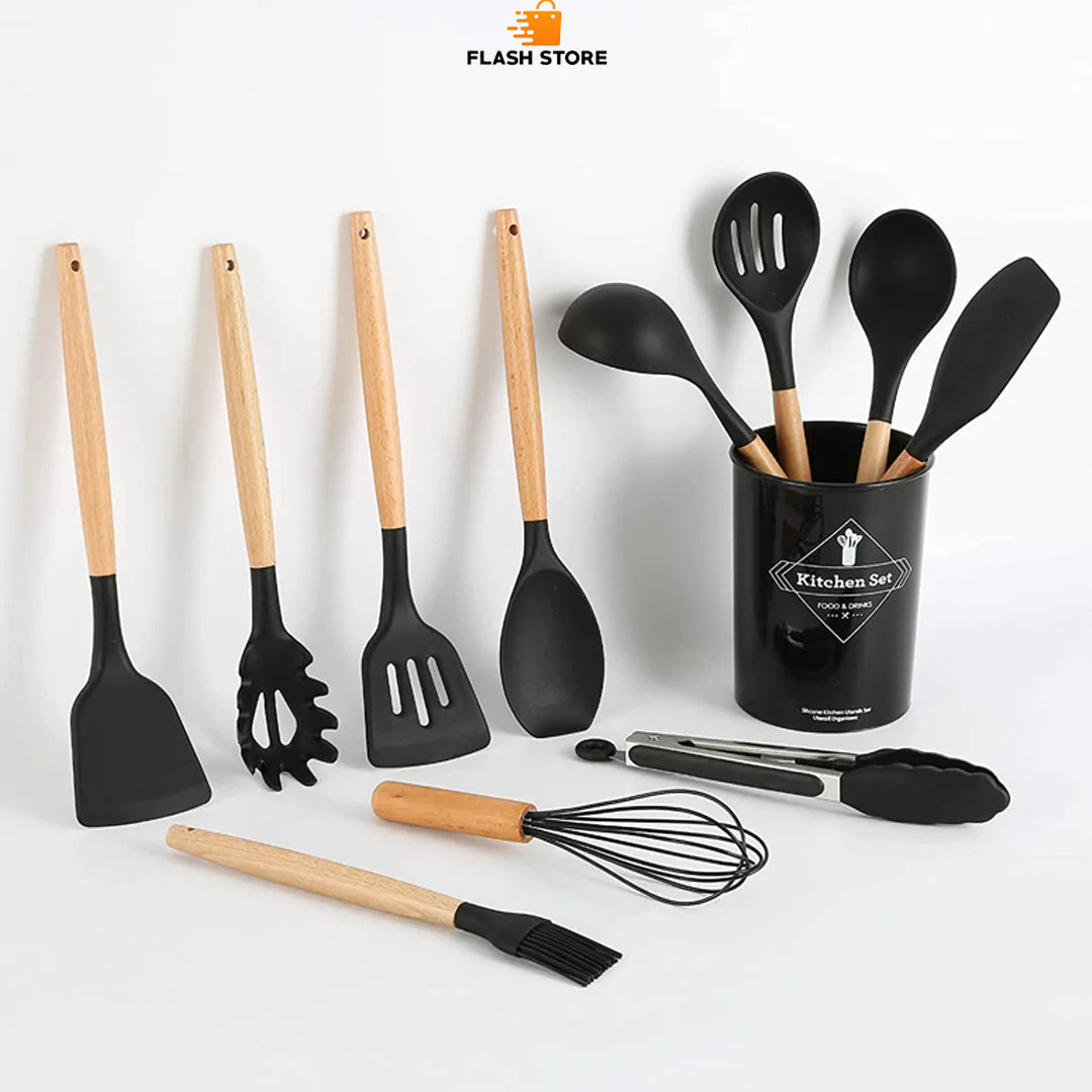 12pcs Silicone Utensil Set With Wooden Handle