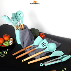 12pcs Silicone Utensil Set With Wooden Handle