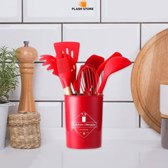 12pcs Silicone Utensil Set With Wooden Handle