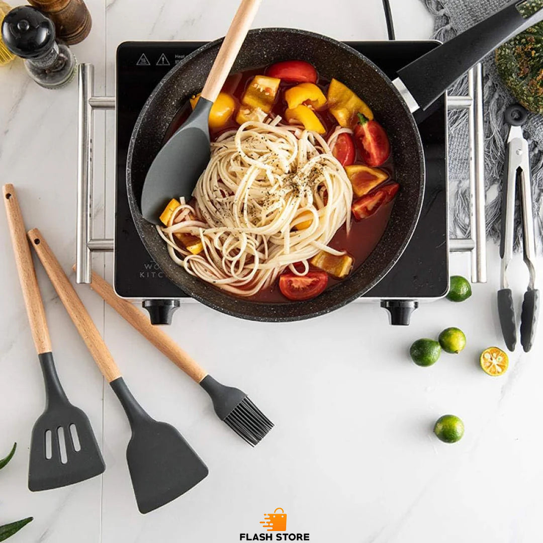 12pcs Silicone Utensil Set With Wooden Handle