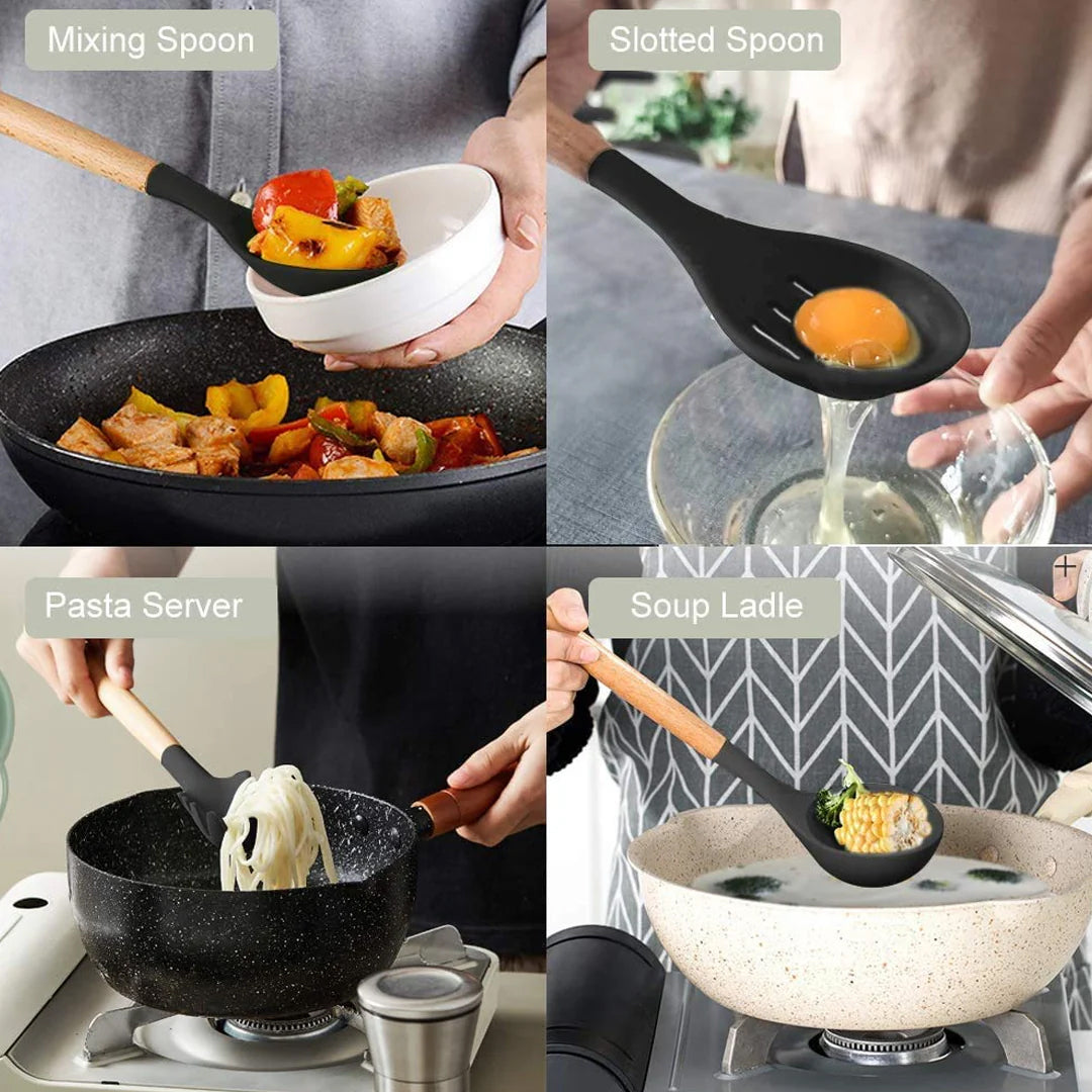 12pcs Silicone Utensil Set With Wooden Handle