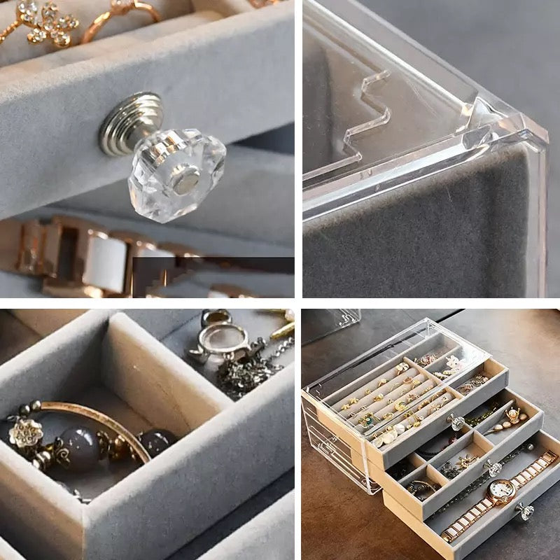 Acrylic Jewelry Box 3 Drawers, Velvet Jewellery Organizer