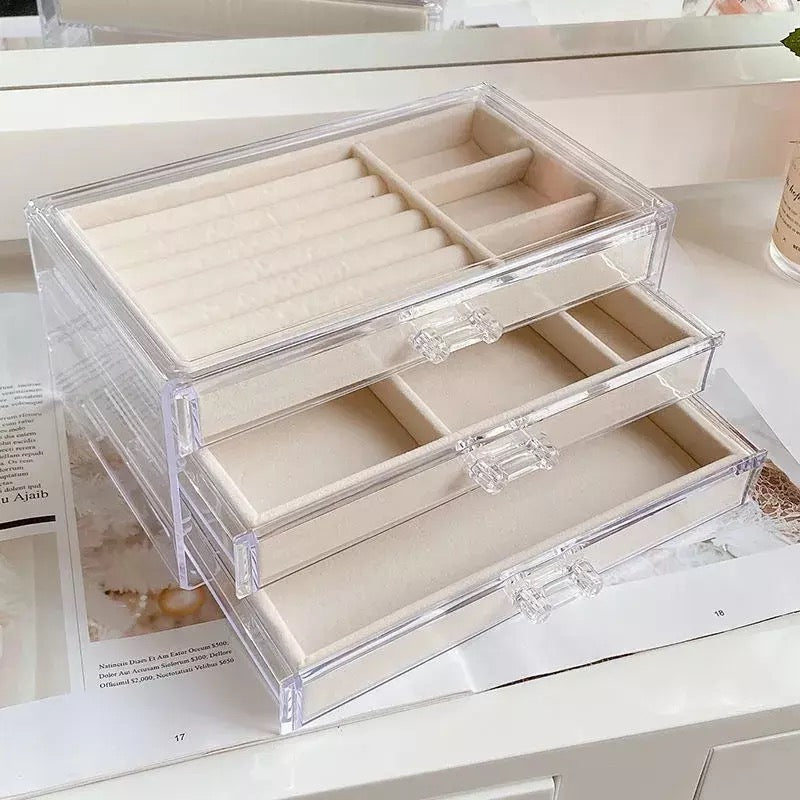 Acrylic Jewelry Box 3 Drawers, Velvet Jewellery Organizer