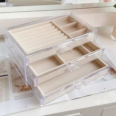 Acrylic Jewelry Box 3 Drawers, Velvet Jewellery Organizer